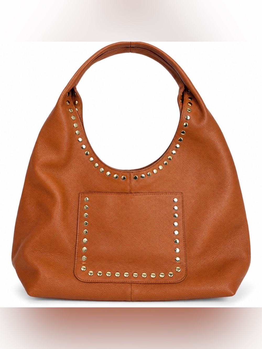 LAGGO Mara Studded Hobo Bag Cognac Pebbled Leather Gold Studs $495 MSRP